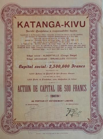 Katanga-Kivu -Albertville - 1925 - action de capital de 500  beschikbaar voor biedingen