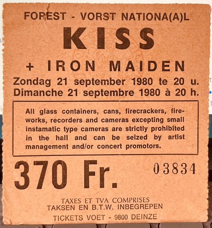 KISS & Iron Maiden Forest-National concertticket 1980, Tickets en Kaartjes, Concerten | Rock en Metal