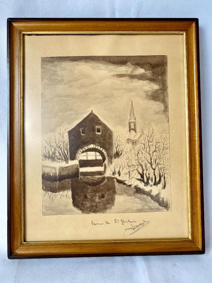 Aquarel: Vanne de Saint-Ghislain (Henegouwen) Vintage, Antiek en Kunst, Kunst | Etsen en Gravures, Ophalen of Verzenden