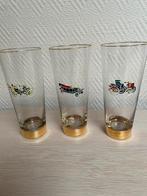 Vintage bierglazen met auto’s op., Verzamelen, Glas en Drinkglazen, Ophalen of Verzenden, Gebruikt