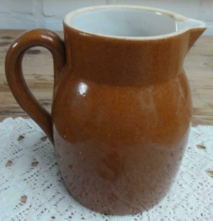 Zware Franse bruine gres kan met witte binnenkant, 1 liter, Antiek en Kunst, Curiosa en Brocante, Ophalen of Verzenden