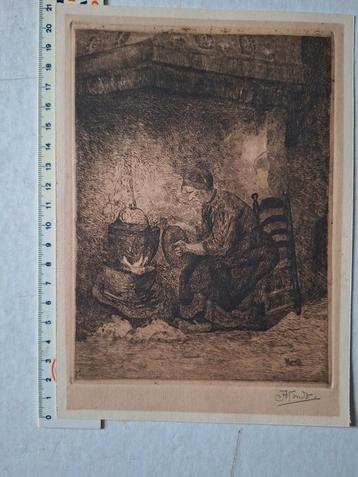 Ets Johannes Abraham Mondt "Vrouw bij de open haard" beschikbaar voor biedingen