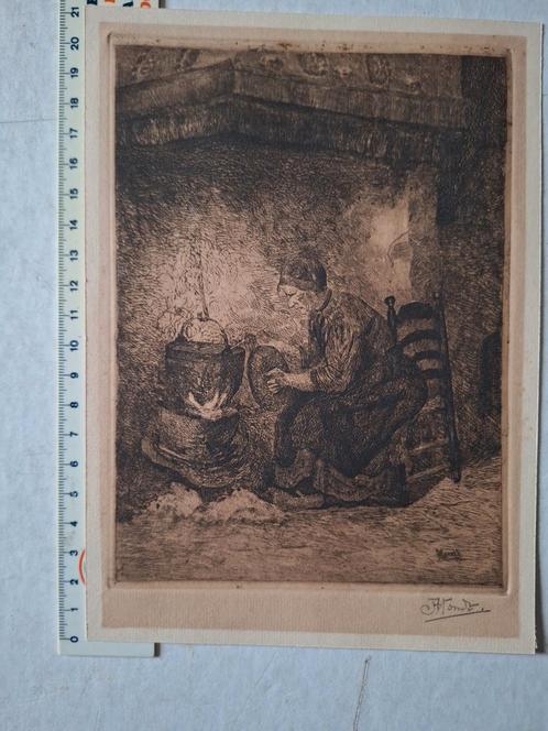 Ets Johannes Abraham Mondt "Vrouw bij de open haard", Antiek en Kunst, Kunst | Etsen en Gravures, Ophalen of Verzenden