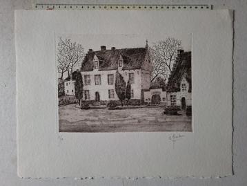 Fraaie ets van C. Neuters "Landschap met oude huizen" beschikbaar voor biedingen