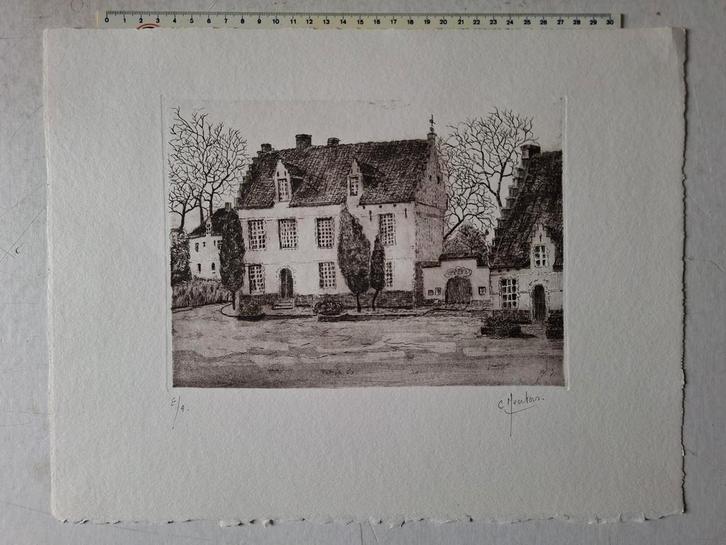 Fraaie ets van C. Neuters "Landschap met oude huizen", Antiek en Kunst, Kunst | Etsen en Gravures, Ophalen of Verzenden