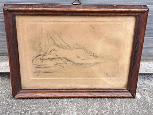 eau forte femme nue monogramme felicien rops, Antiek en Kunst, Kunst | Etsen en Gravures, Ophalen of Verzenden