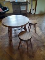 Ronde houten salontafel met 3 krukjes, Huis en Inrichting, Tafels | Salontafels, Eikenhout, Ophalen