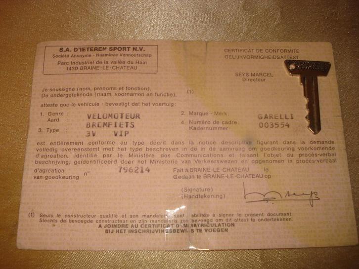 Ancien Certificat de Conformité Vélomoteur Garelli 3V + Clé, Motoren, Handleidingen en Instructieboekjes, Overige merken, Ophalen of Verzenden