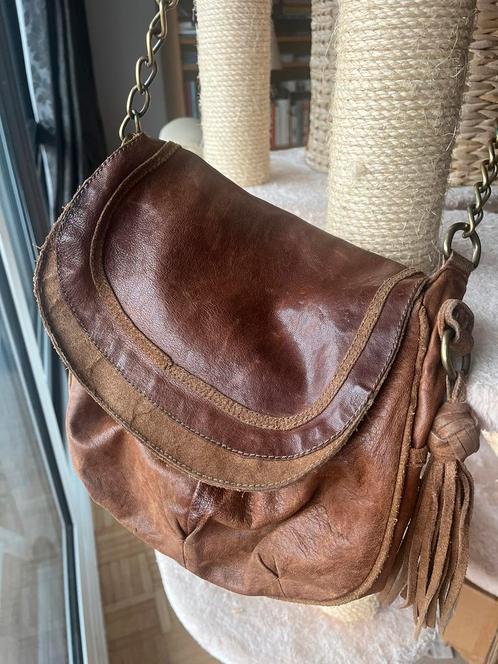 Bruinleren schoudertas met binnenzakje, Handtassen en Accessoires, Tassen | Schoudertassen, Gebruikt, Bruin, Leer, Ophalen of Verzenden