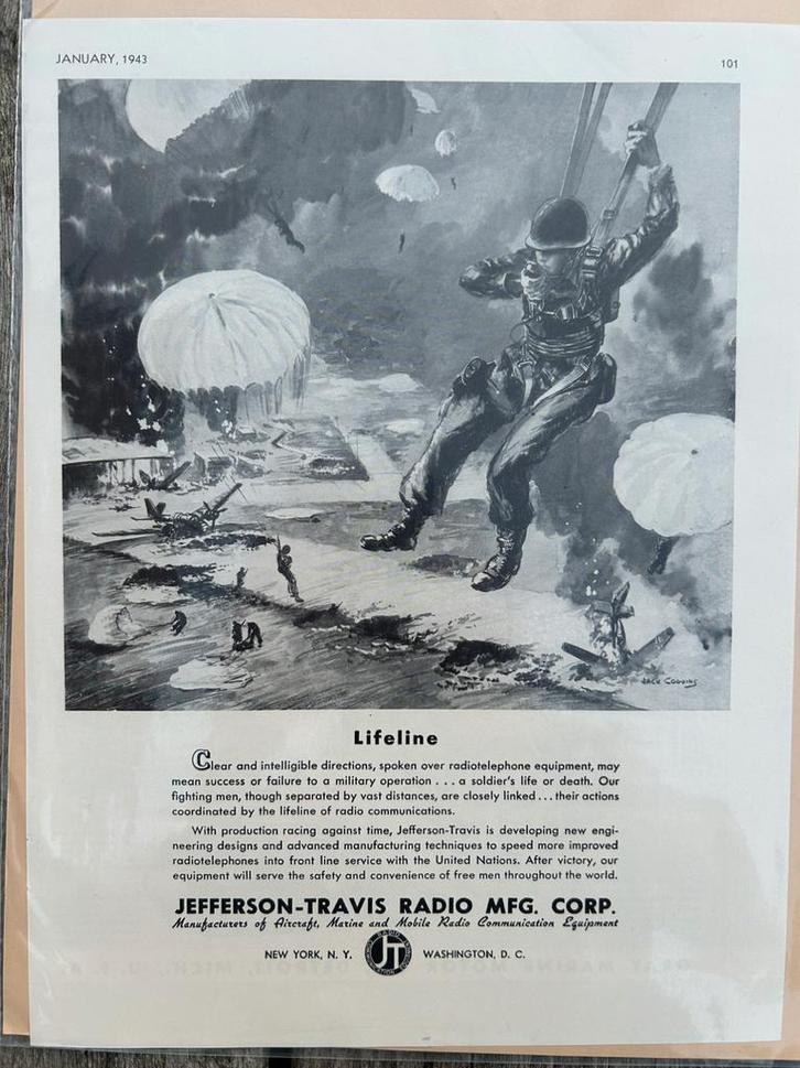 US WO2 advertentie JEFFERSON met parachutisten, airborne, Verzamelen, Militaria | Tweede Wereldoorlog, Ophalen of Verzenden