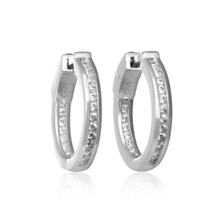 Zilveren creolen met channel setting witte zirconia's, Handtassen en Accessoires, Oorbellen, Nieuw, Zilver, Ophalen of Verzenden
