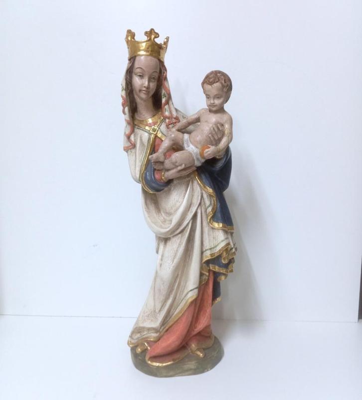 TONI BAUR houten beeld polychroom Madonna & kind, Antiek en Kunst, Kunst | Beelden en Houtsnijwerken, Ophalen of Verzenden