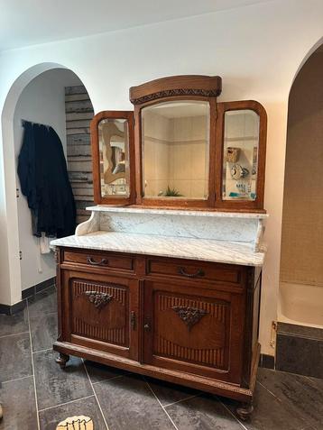 Antiek wandcommode met spiegel 3 luiks - marmer blad, Antiek en Kunst, Ophalen