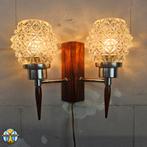 Vintage Deense teakhout dubbele wandlamp kristallen kap 60s, Ophalen of Verzenden, Zo goed als nieuw, Glas, Vintage /  mid century