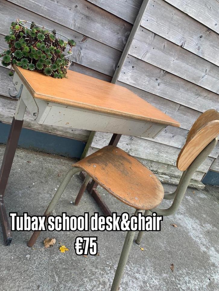Vintage - tubax schoolbankje en -stoel, Huis en Inrichting, Stoelen, Ophalen of Verzenden