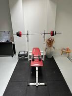 Bench + Olympische bar + Halters & gewichten +Beschermmatten, Sport en Fitness, Fitnessmaterialen, Ophalen, Zo goed als nieuw