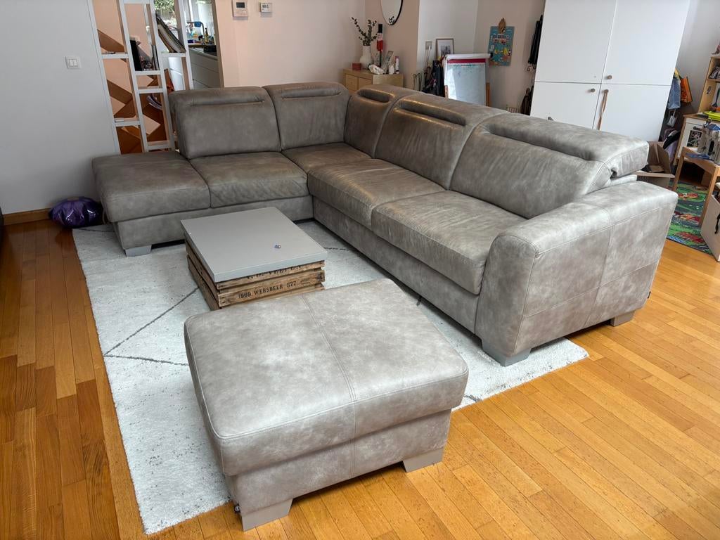 Canapé angle handers & hazel en cuir avec meridienne + pouf, Maison & Meubles, Enlèvement, Utilisé, Cuir