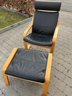 Poang Ikea fauteuil zwart leer + voetenbank, Ophalen, Gebruikt, Leer
