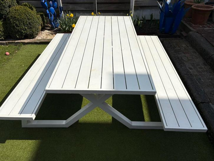 picknicktafel in wit aluminium, Tuin en Terras, Picknicktafels, Zo goed als nieuw, Rechthoekig, Aluminium, Ophalen