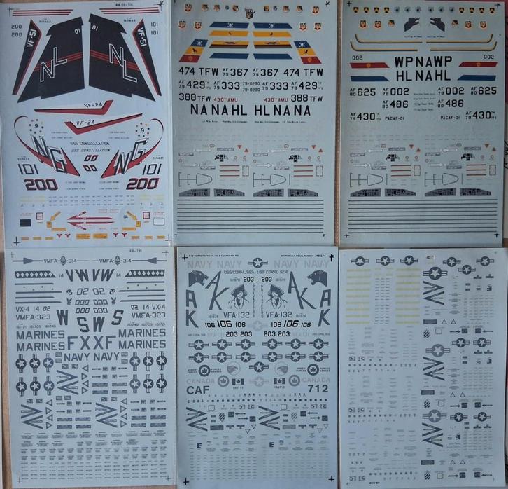 6 speciale stickervellen F-14, F-16, F-18 1/48, Hobby en Vrije tijd, Modelbouw | Vliegtuigen en Helikopters, Nieuw, Vliegtuig