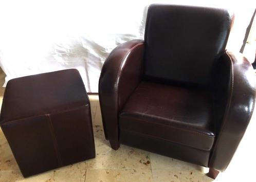 Vintage Art Deco lederen fauteuil met poef, Maison & Meubles, Fauteuils, Utilisé, Bois, Cuir, Métal, Tissus, 50 à 75 cm, Moins de 75 cm