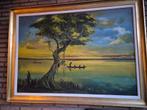 Groot schilderij met kano op de rivier, Antiek en Kunst, Ophalen
