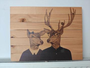 Humoristisch hertenkoppel - Zeefdruk op hout beschikbaar voor biedingen