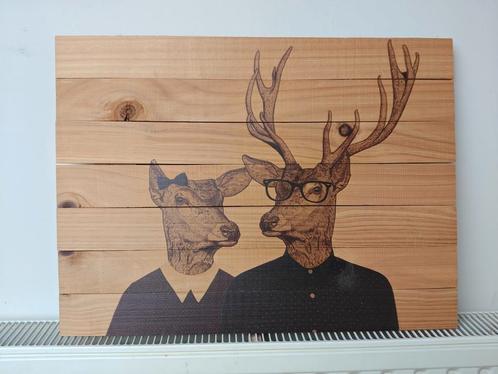 Humoristisch hertenkoppel - Zeefdruk op hout, Antiek en Kunst, Kunst | Litho's en Zeefdrukken, Ophalen