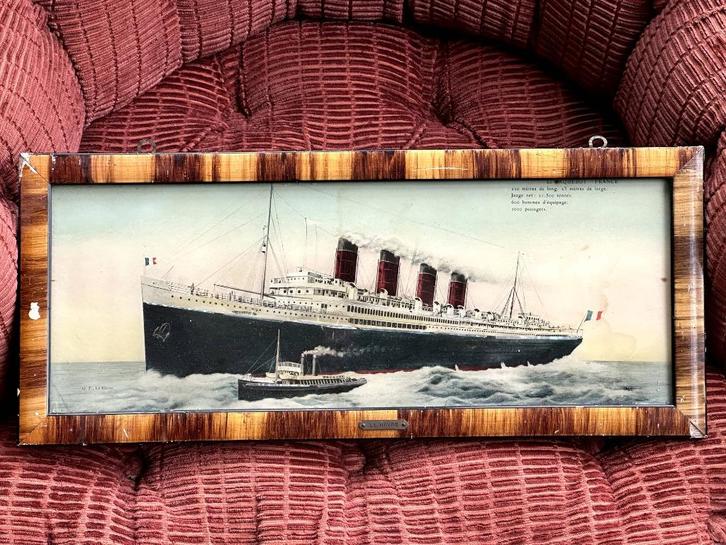 Vintage kader met chromo Le Paquebot "France" E.L.D., Verzamelen, Foto's en Prenten, Gebruikt, Prent, Overige onderwerpen, Voor 1940