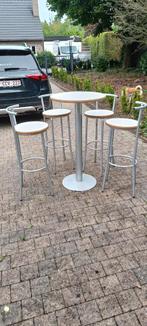 party staantafel in inox met 4 krukken, Huis en Inrichting, Tafels | Statafels, Ophalen of Verzenden, Zo goed als nieuw