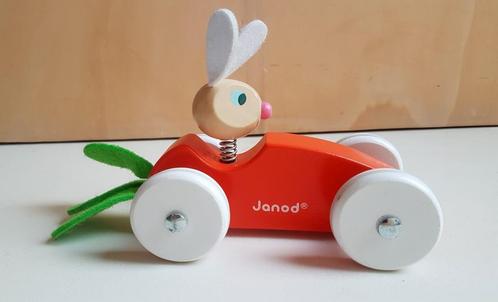 JANOD - Voiture Carotte avec lapin  (en bois), Kinderen en Baby's, Speelgoed | Houten speelgoed, Gebruikt, Duw- of Trekspeelgoed