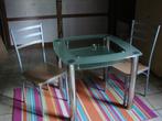 design glazen tafel met chroom, Huis en Inrichting, Ophalen, Gebruikt, 50 tot 100 cm, Vierkant