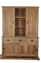 Teak houten vitrinekast met links +rechts dichte deuren, 200 cm of meer, 150 tot 200 cm, Teakhout, Nieuw