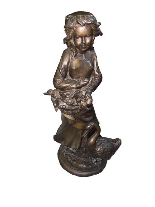 Groot brons met bruine patina - Jong meisje en zwaan - 19e e, Antiek en Kunst, Antiek | Brons en Koper, Brons, Ophalen
