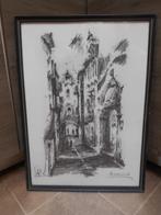 Oude pentekening in kader met glas - Gesigneerd., Antiek en Kunst, Ophalen