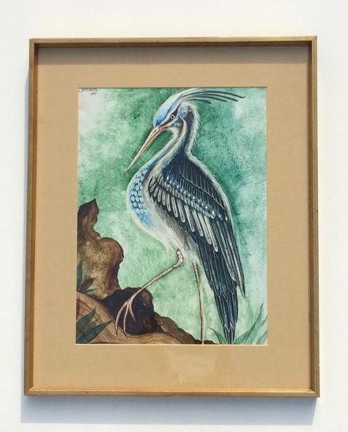 Gemengde techniek: J. Vallès, 'Héron' jaren 70 Vintage (76 x, Antiek en Kunst, Kunst | Schilderijen | Modern, Ophalen of Verzenden