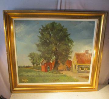 Belle œuvre peinte ancienne « Arbre de ferme et prairie » - 