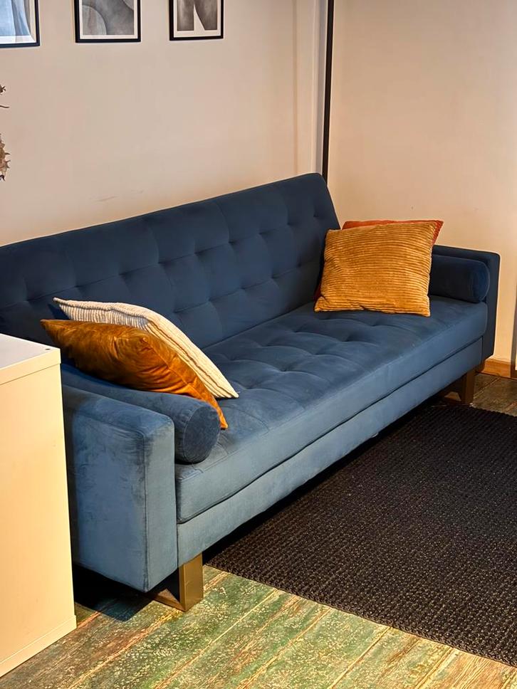 Slaapzetel 3-zit zeer goeie staat, Huis en Inrichting, Slaapkamer | Slaapbanken, Zo goed als nieuw, 90 cm, 220 cm, Blauw, Ophalen