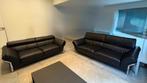 Zwarte lederen salon – 2-zit en 3-zit, Huis en Inrichting, Ophalen, Gebruikt, Rechte bank, Leer