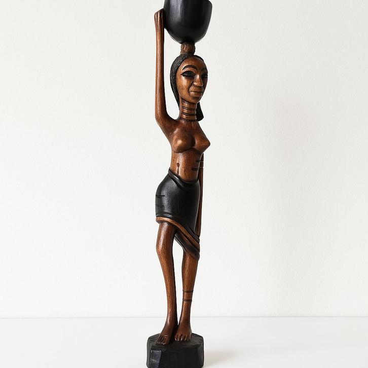 houten beeld Afrikaanse vrouw met waterkom, Antiek en Kunst, Kunst | Beelden en Houtsnijwerken, Ophalen of Verzenden