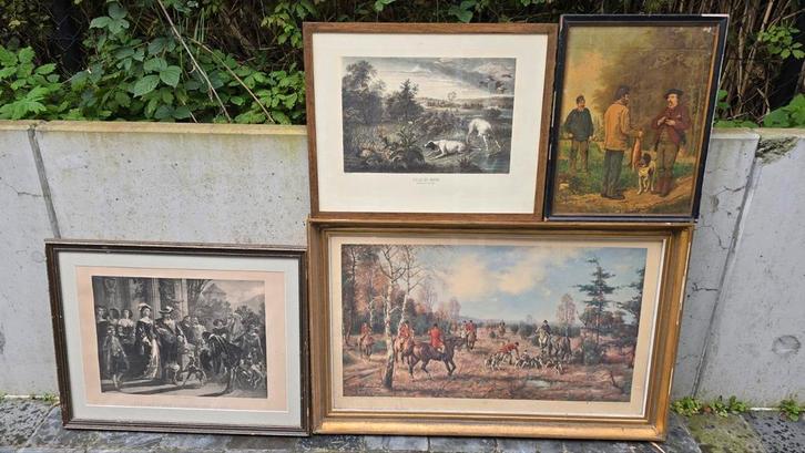 Ets tekening schilderij over de jacht in kader, Antiek en Kunst, Kunst | Etsen en Gravures, Ophalen of Verzenden