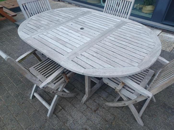 tuinset hout (4 stoelen + 1 tafel) ; verlaagd in prijs!, Tuin en Terras, Tuinsets en Loungesets, Gebruikt, Tuinset, Hout, 4 zitplaatsen