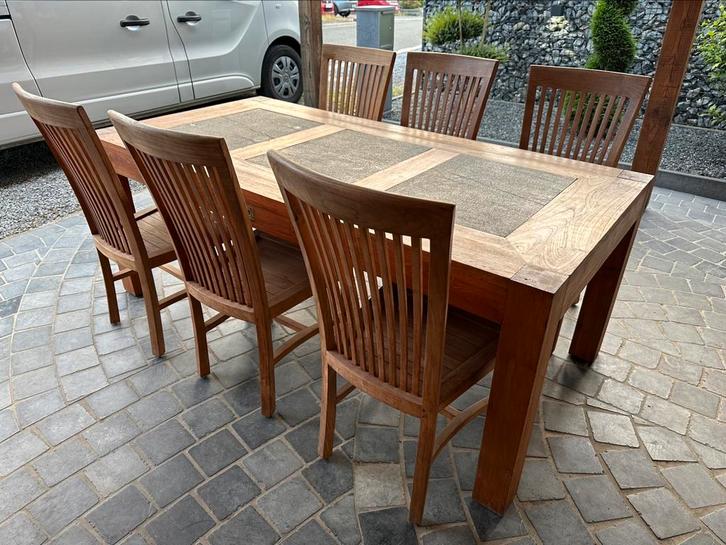 Ensemble salle à manger en teck massif (Table + 6 chaises), Huis en Inrichting, Complete eetkamers, Zo goed als nieuw, 4 tot 6 stoelen