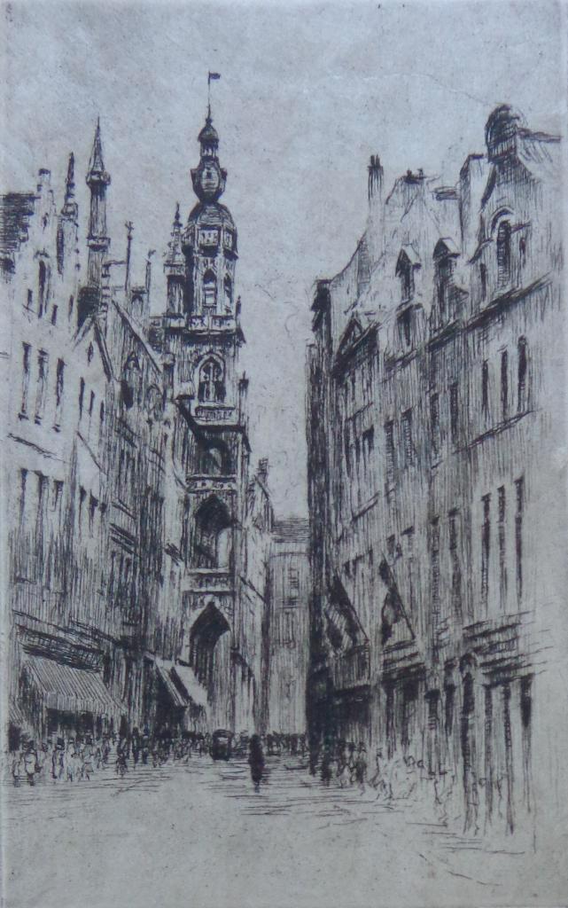 HENRI MORTIAUX / RUE A BRUXELLES / ZW-W ETS / 28x20cm / SIG, Antiek en Kunst, Kunst | Etsen en Gravures, Ophalen of Verzenden