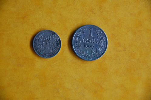 Leopold II : 50 c. 1909 FR + 1 Frank 1909 VL in mooie staat, Postzegels en Munten, Munten | België, Setje, Zilver, Zilver, Verzenden