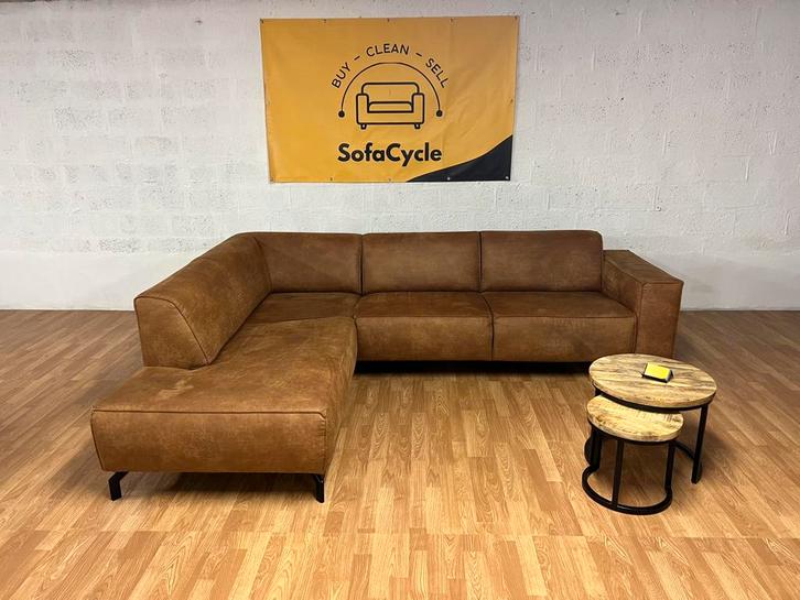 Moderne cognackleurige L-hoekzetel in topstaat – SofaCycle, Huis en Inrichting, Zetels | Voetbanken en poefs, Zo goed als nieuw