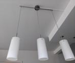 Hanglamp,metaal,3 buislampen van 22cm,in wit glas+ledlampjes, Ophalen, Gebruikt, Glas, 75 cm of meer