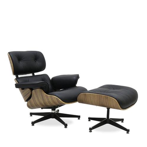 Eames Lounge Chair met Ottoman Walnoot zwart, Huis en Inrichting, Fauteuils, Nieuw, Hout, Kunststof, Leer, Metaal, 50 tot 75 cm