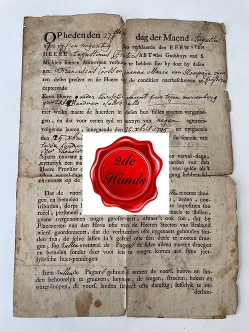 Akte 1795 A. Pooters Abt  Godshuis Sint-Michiels Antwerpen, Antiek en Kunst, Curiosa en Brocante, Ophalen of Verzenden