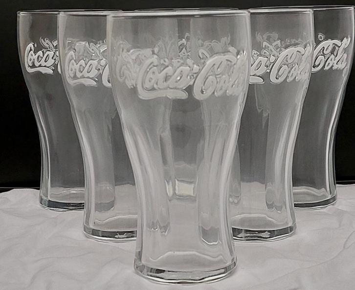 Set van 6 colaglazen met witte belettering - Vintage, Verzamelen, Glas en Drinkglazen, Nieuw, Frisdrankglas, Ophalen of Verzenden